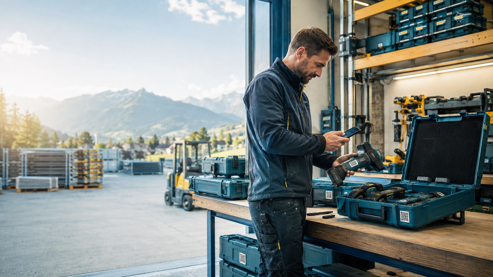 Handwerker scannt ein professionelles Werkzeug in einer modernen Schweizer Werkstatt